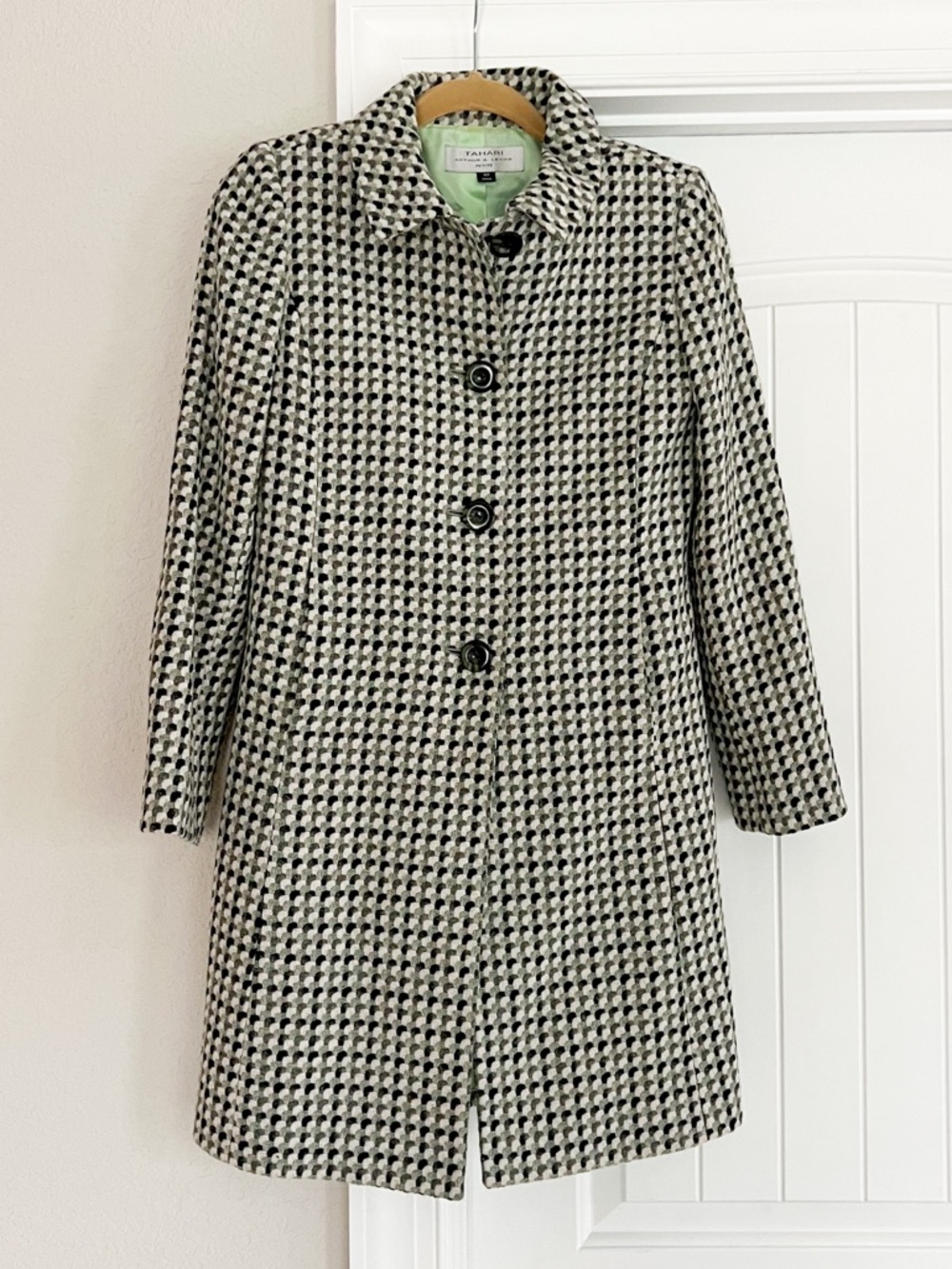 Tahari long pea coat jacket size 4 petite green grey black